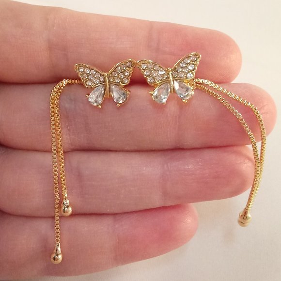 Gold Sterling Siver Butterfly Diamond Crystal Tassel Stud Earrings Party Gift - Picture 3 of 5